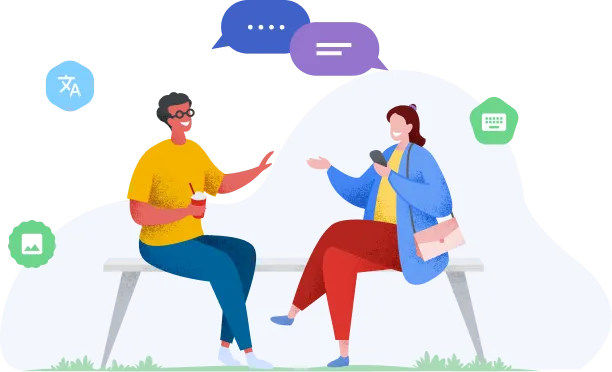 Illustratie van twee mensen in gesprek op een parkbankje, omringd door iconen in verschillende vormen