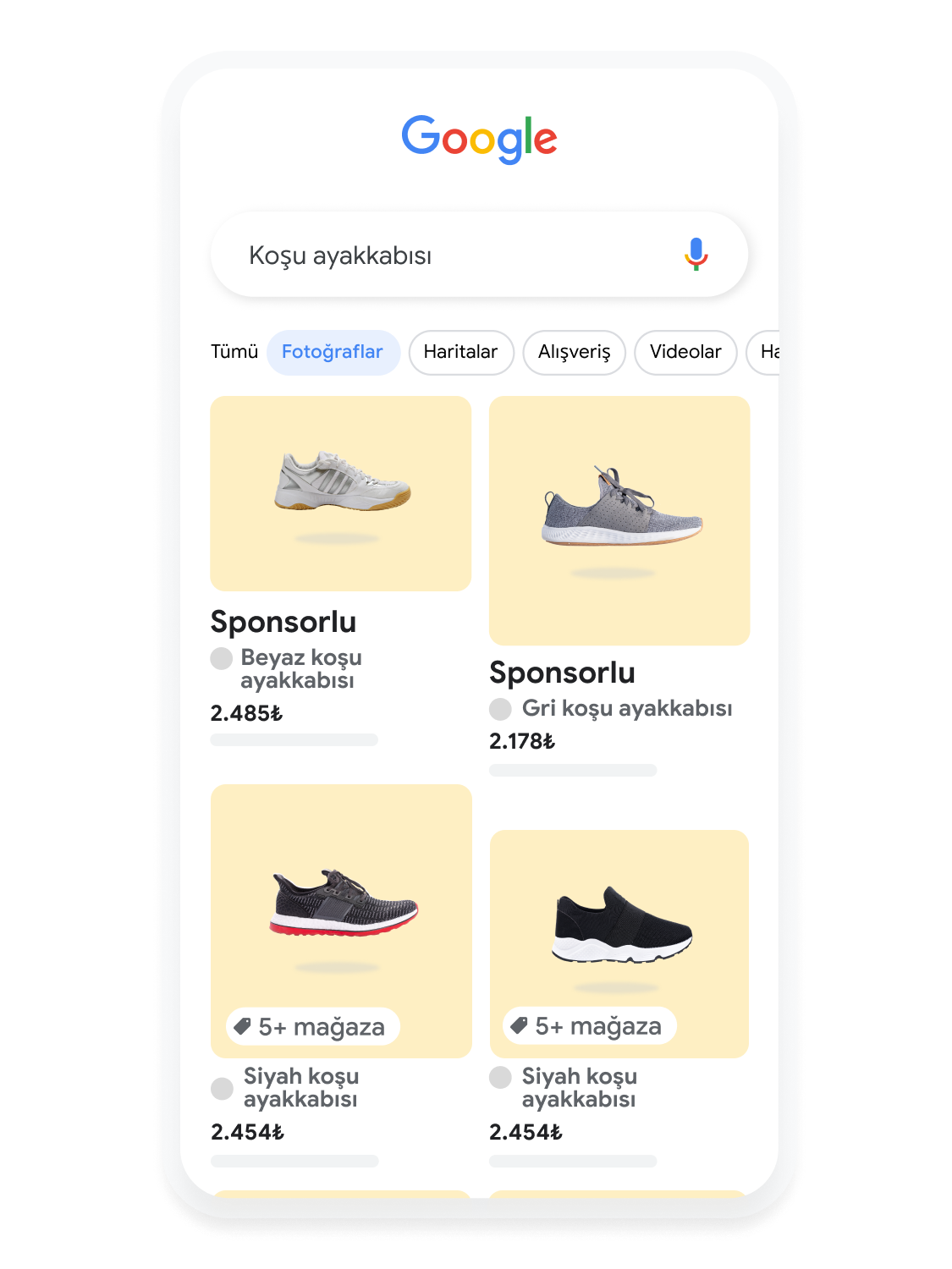 Google Görseller'de koşu ayakkabısı arayan bir kullanıcıyı gösterecek şekilde hareket eden cep telefonu kullanıcı arayüzü.