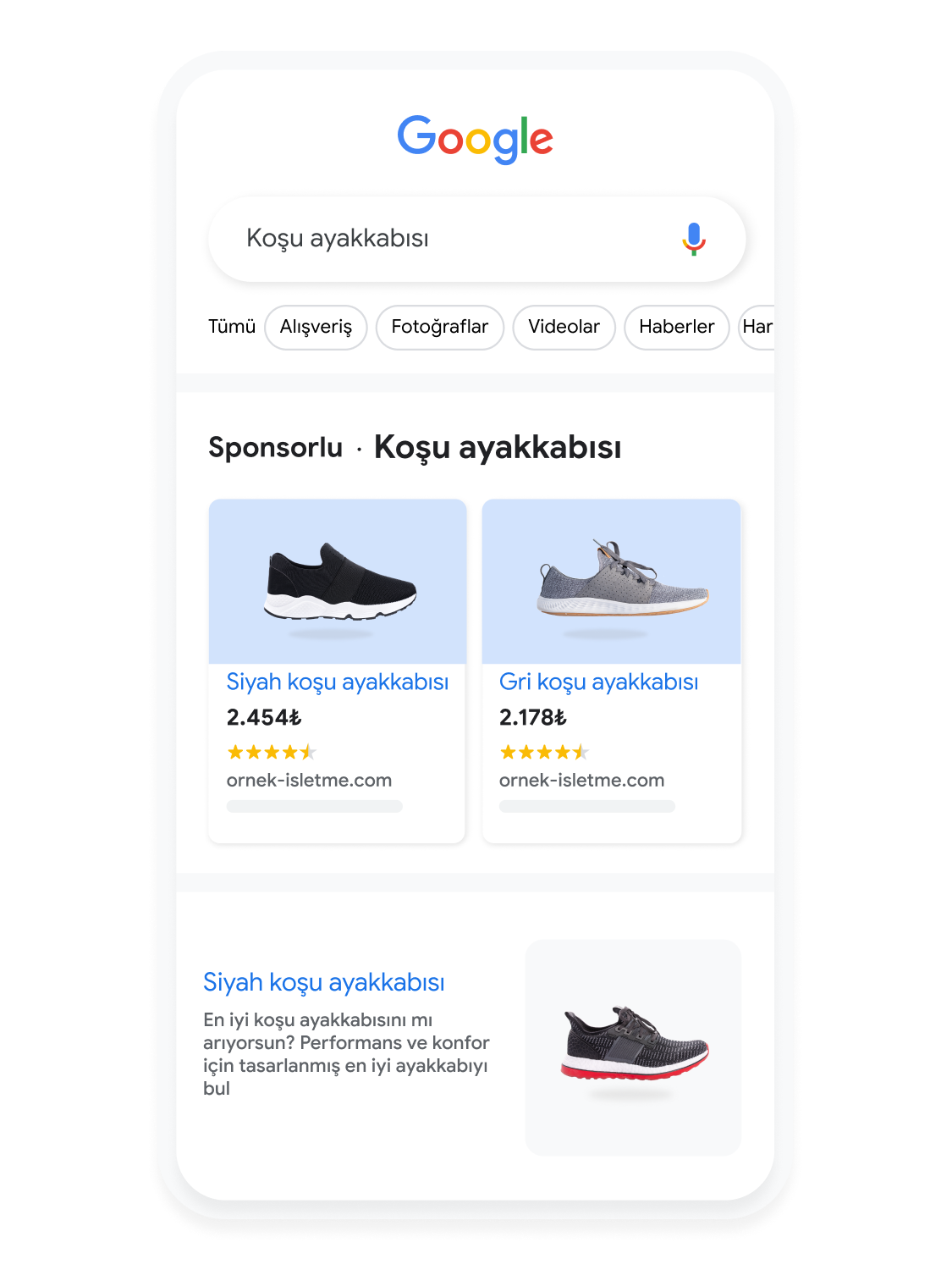 Google Arama'da koşu ayakkabısı arayan bir kullanıcıyı gösterecek şekilde hareket eden cep telefonu kullanıcı arayüzü.