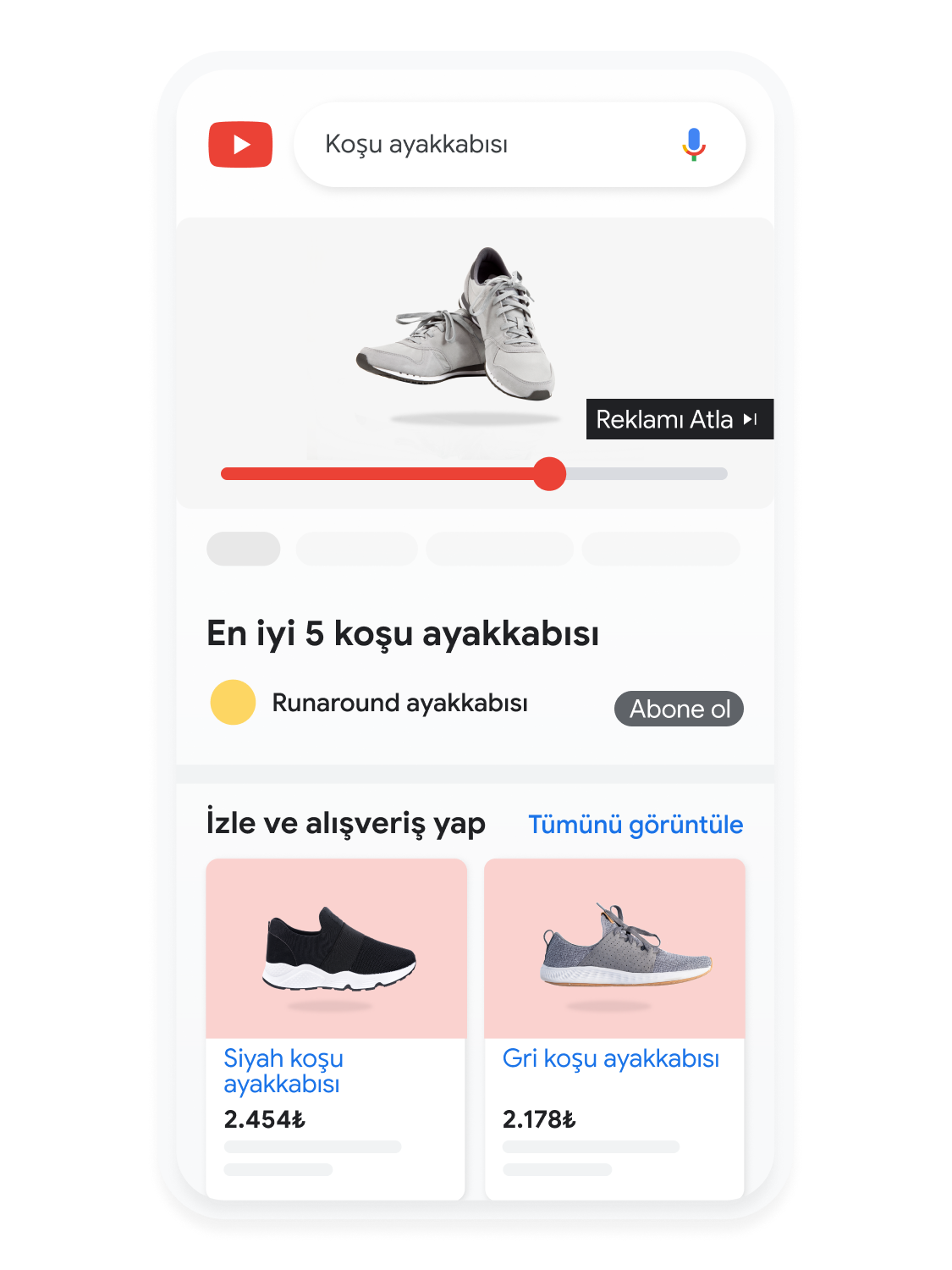 YouTube'da koşu ayakkabısı arayan bir kullanıcıyı gösterecek şekilde hareket eden cep telefonu kullanıcı arayüzü.