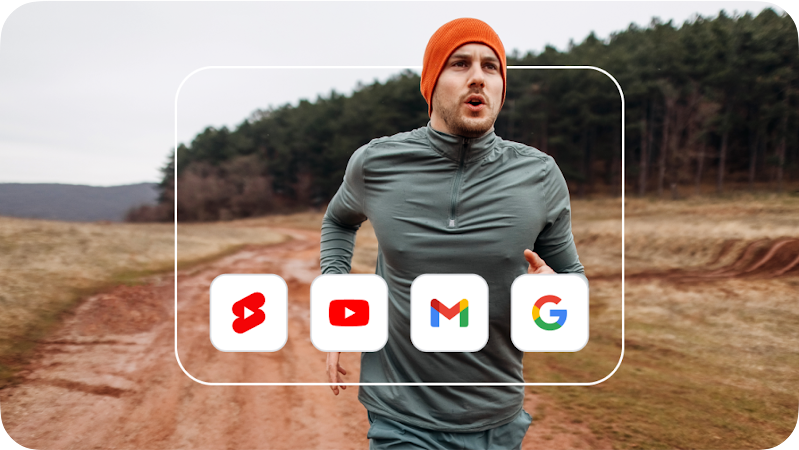 Image of a person running outside surrounded by YouTube, Gmail, and Search icons.